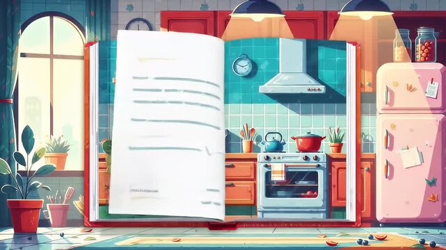 Open book reveals a kitchen, featuring a large burger in a bowl