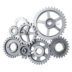 Mechanical Harmony Isolated On White Background: A complex array of interlocking gears, precision-crafted from gleaming metal, symbolizes the intricate workings of industry.