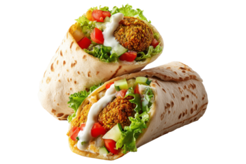 Tasty falafel wraps in pita filled with lettuce, tomato, cucumber, onion, and tahini drizzle sauce isolated on white background, concept of healthy vegetarian lunch