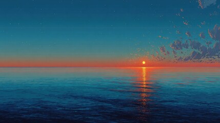Wide shot of tranquil ocean sunset