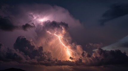 A powerful lightning bolt pierces through dark storm clouds, creating a stunning light display against the backdrop of a mountain landscape during a summer evening.