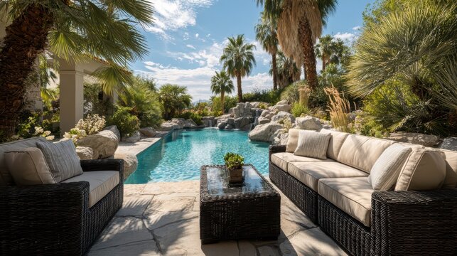 Luxurious poolside patio furniture in tropical garden.