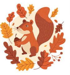 Fototapeta premium Squirrel Holding Acorn with Autumn Leaves Vector