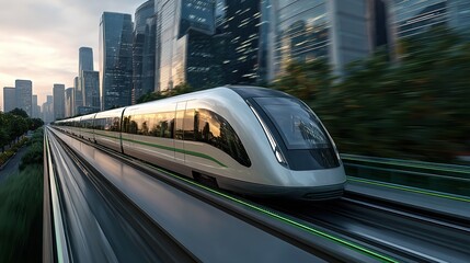 A maglev train speeds along the track, its streamlined body gliding smoothly. Green belts line both sides of the track, with urban buildings forming the backdrop.