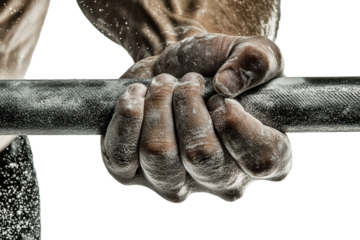 Chalk-covered hands gripping weightlifting bar
