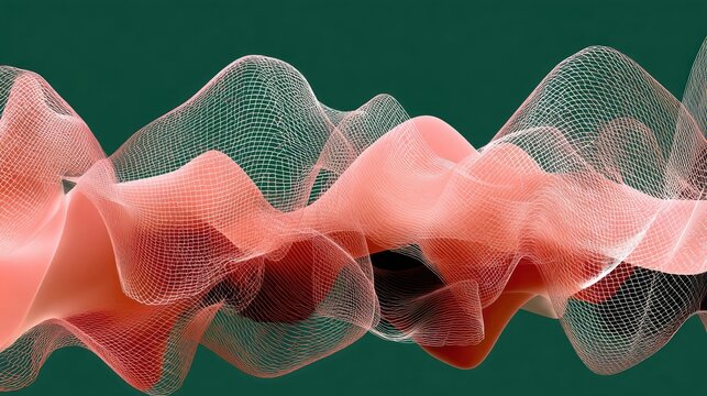 Abstract, flowing, coral-toned shapes on a dark green background - Powered by Adobe