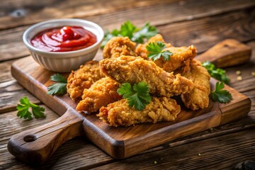 3d icon of crispy golden fried chicken tenders served with a bowl of ketchup and garnished with fresh parsley on a rustic wooden cutting board