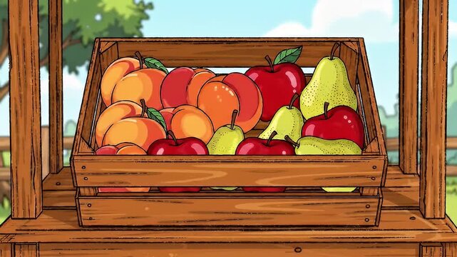 Wooden crate overflowing with ripe peaches, apples, and pears in cartoon style