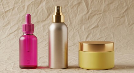 Elegant cosmetic bottles and jar with gold accents on textured background