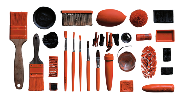 Orange paintbrushes and art supplies, various types,  arranged in a grid