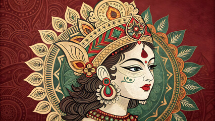 Intricate Traditional Folk Art Inspired Goddess Portrait with Red Green Gold and Brown Color Palette Ornate Headpiece and Mandala Background Detailed Jewelry and Floral Elements