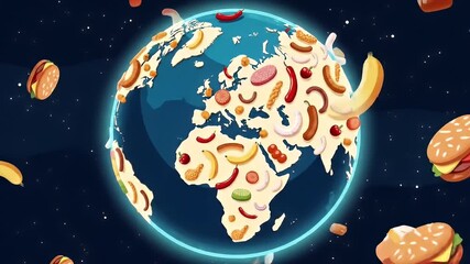 Illustrated globe with sausage, peppers, and produce floating in space