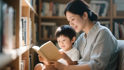 A mother and child share a quiet moment reading together in a cozy library setting.
