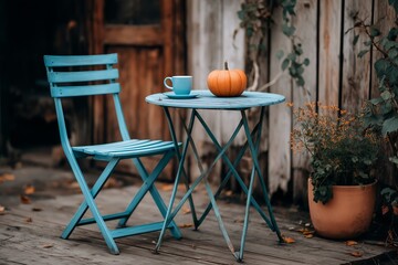 Blue table and chair with pumpkin and a mug for cafe decoration. Autumnal outdoor garden setting with fall season decor.