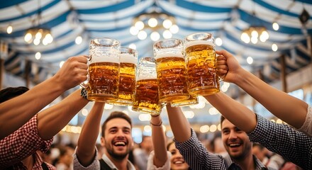 Friends toasting beer steins at Oktoberfest, high-angle view showcasing joyful expressions and warm lighting in a festive beer tent.