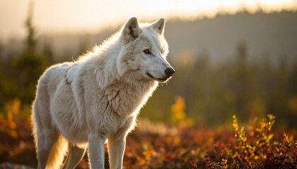 Obraz premium Majestic white wolf illuminated by sunlight in its natural habitat during the day