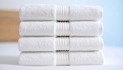 Stacked Towels: A close-up image captures a perfectly stacked collection of soft, white towels, exuding an aura of freshness and cleanliness. This picture showcases the beauty in everyday objects. 