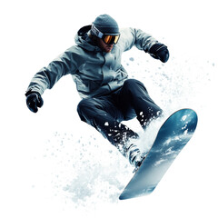 Snowboarder mid-air trick in winter outfit
