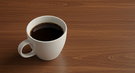 Simple White Coffee Mug Filled with Dark Coffee on a Wooden Table