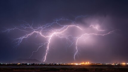 Bright bolts of lightning streak across a dark sky, illuminating a cityscape during a powerful summer thunderstorm in the evening hours.