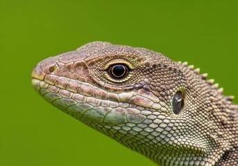 Fototapeta premium Close-up of Green Lizard with Detailed Scales and Bright Eye on Green Background