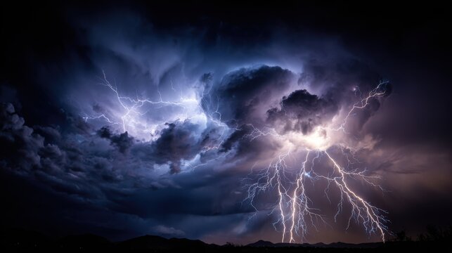 A powerful lightning storm unfolds across the mountain range, with vivid flashes illuminating dense clouds. The atmospheric spectacle captivates viewers on a stormy night.