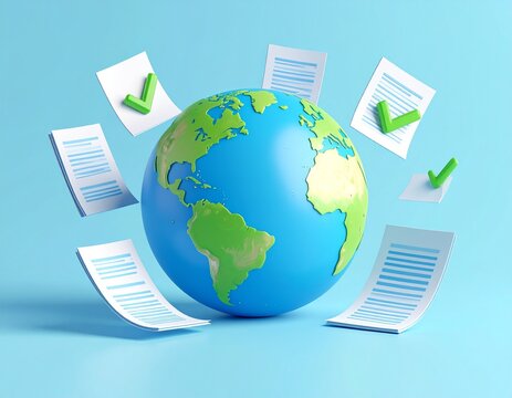 Global Compliance and Documentation Concept: 3D Globe with Floating Documents and Check Marks