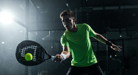 Man playing paddle tennis indoors with racket and ball