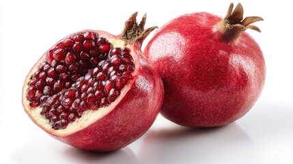 Two fresh pomegranates, one halved, vibrant red,  on white background