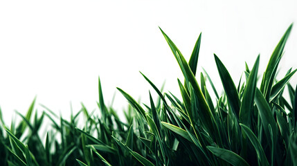 Fototapeta premium A close-up view of lush green grass blades reaching upwards against a stark white background, suggesting freshness and nature.