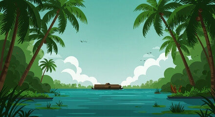 Vector illustration of a serene tropical landscape in the Kerala backwaters for a travel background