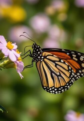 Fototapeta premium Monarch Butterfly on Pink Flower in Natural Garden Scene