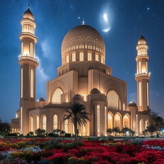 Illuminated mosque at night with a crescent moon.