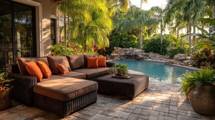 Lujosos muebles de patio junto a la piscina en un jard&iacute;n tropical.