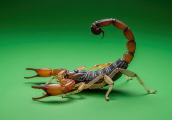 Fototapeta premium Scorpion with Pincer and Tail Elevated on Bright Green Background