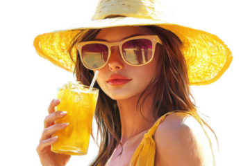 Stylish woman sipping juice in sunhat
