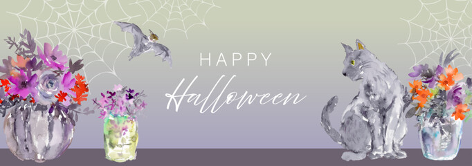 Halloween sale banner with hand-painted watercolor black cat, bat, flowers in vases, pumpkins, and spider webs. Vector file.