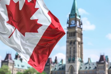 Naklejka premium The Canadian flag flutters in the breeze near the iconic clock tower of Parliament Hill, showcasing a bright blue sky over the city of Ottawa during the day.