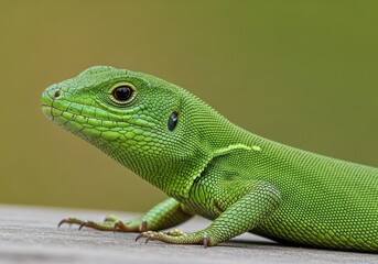 Fototapeta premium Green Lizard Resting on Wooden Surface in Natural Light