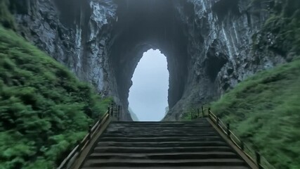 Majestic Mountain Cave Steps: A Journey Through Nature's Portal - Powered by Adobe