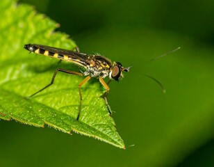Naklejka premium Close-up of a small insect with yellow and black stripes perched on a vibrant green leaf