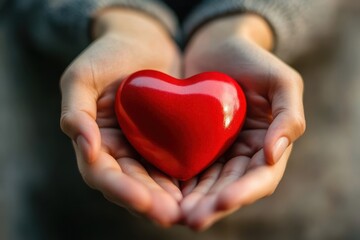 Fototapeta premium Red Heart in Hands: A Symbol of Love, Care, and Generosity, Presented Warmly