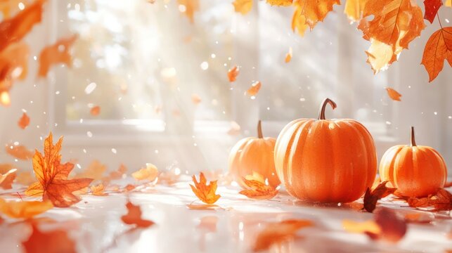 Autumnal harmony, pumpkins and falling leaves capturing the essence of the season