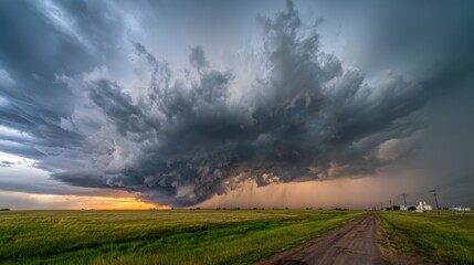 Dark storm clouds loom over sprawling green fields as the sun sets, casting dramatic colors on the horizon. The atmosphere is charged with impending weather changes.
