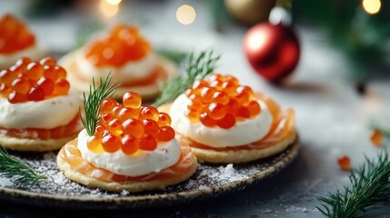 Festive salmon caviar canap?s with dill, cream cheese, and christmas decoration