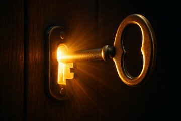 Glowing Key Unlocking Door with Warm Light in Dark Space Symbolizing New Opportunities and Hidden Secrets