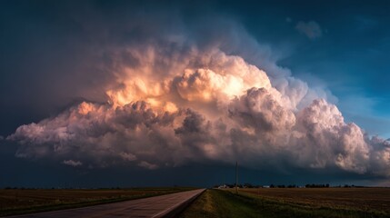 Dramatic thunderstorm clouds dominate the horizon, glowing with shades of orange and pink as the sun sets. A lonely road stretches into the distance under the turbulent sky.