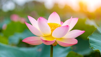 Pink lotus flower in bloom, sunlight, green leaves