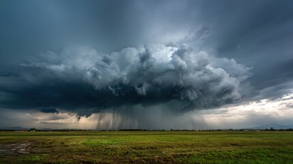 Dark storm clouds loom ominously over a vibrant green field in the early evening light. Rain begins to fall, creating a striking contrast against the stormy sky.