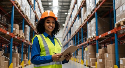 Happy female warehouse worker with a clipboard

